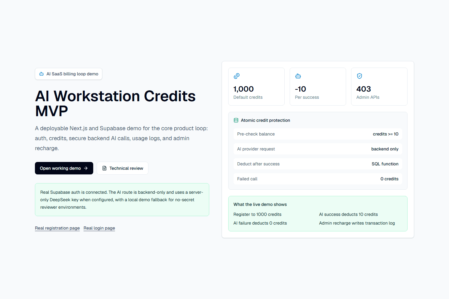AI Workstation Credits MVP live app screenshot