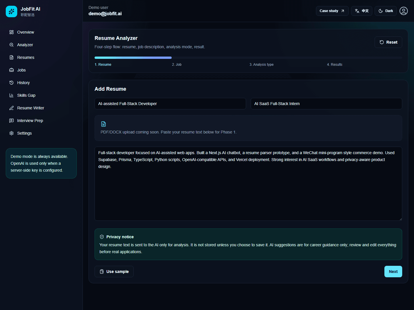 JobFit AI live analyzer screenshot