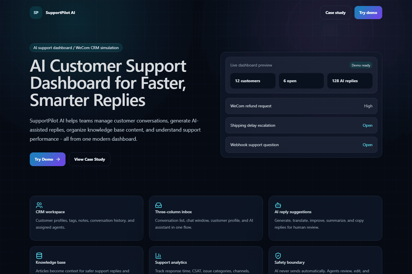 SupportPilot AI live app screenshot